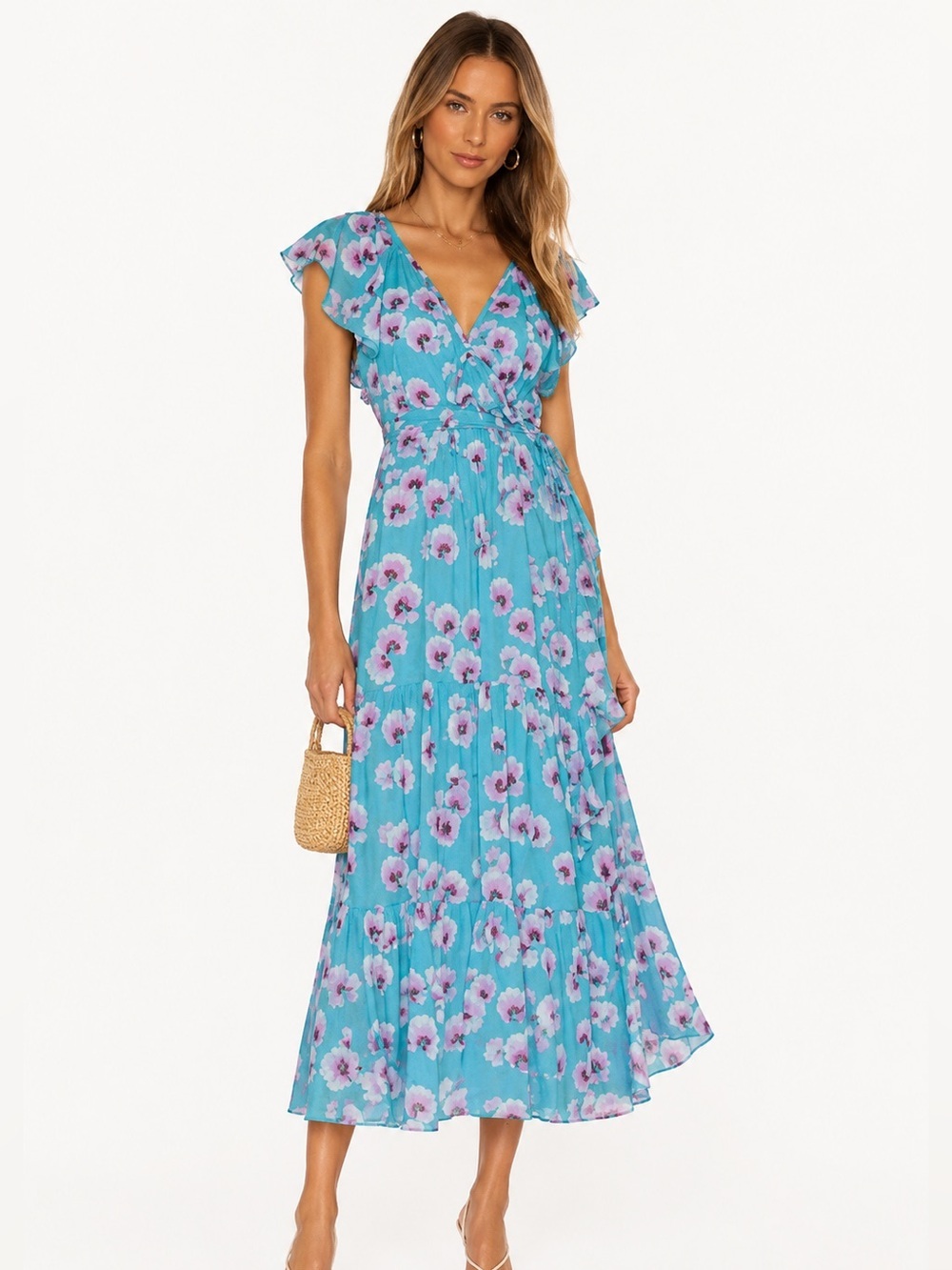 NWT Banjanan Anthropologie Elise Cotton Floral Wrap Midi Dress Blue Size XS
